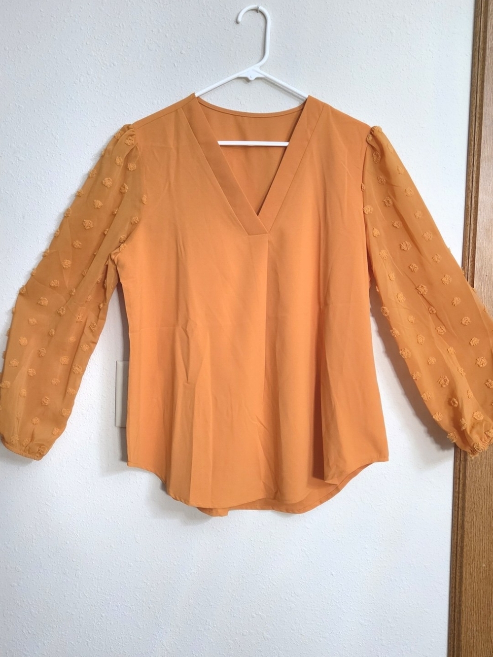 Women’s V-Neck Textured Sleeve Blouse - Orange